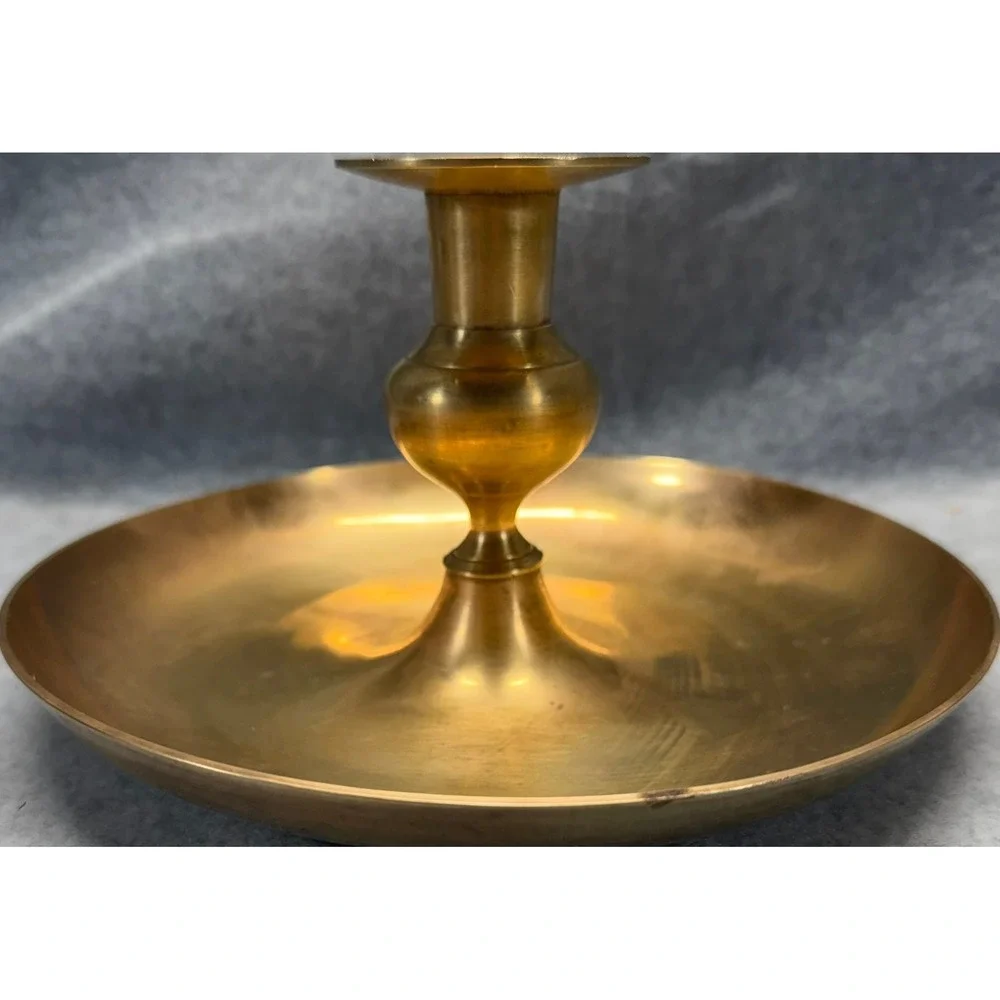 Vintage Solid Brass Chamberstick Taper Candle Holder Wide Saucer Base 8 Inch
